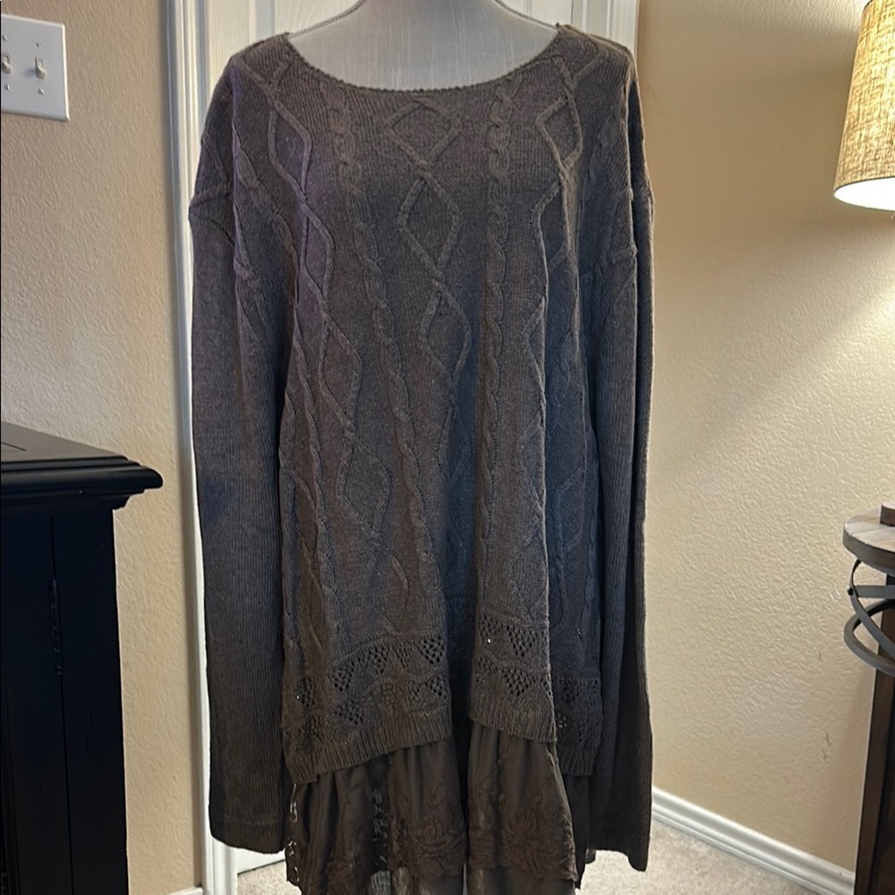 Taupe Cable Knit Sweater with Lace Hem